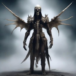 Create an image of a banshee-like creature that is bone thin and clad in armor made entirely of bones