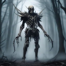 Create an image of a banshee-like creature that is bone thin and clad in armor made entirely of bones