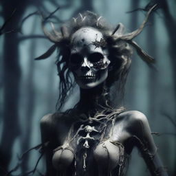 Create an image of a banshee-like creature adorned with bone accessories