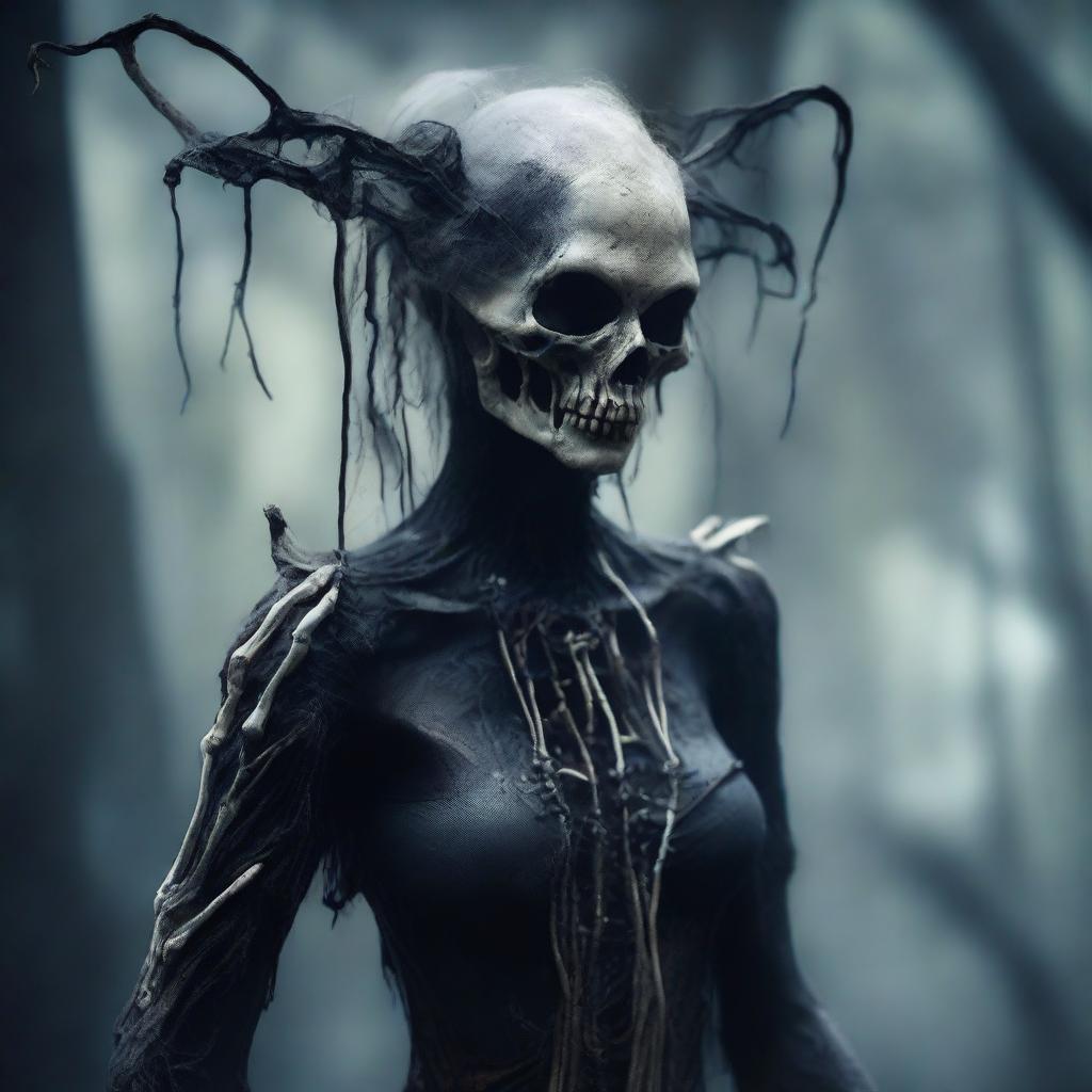 Create an image of a banshee-like creature with human skin, adorned with bone accessories