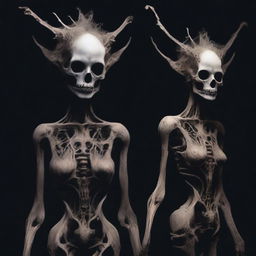 Create an image of a banshee-like creature with human skin, adorned with bone accessories