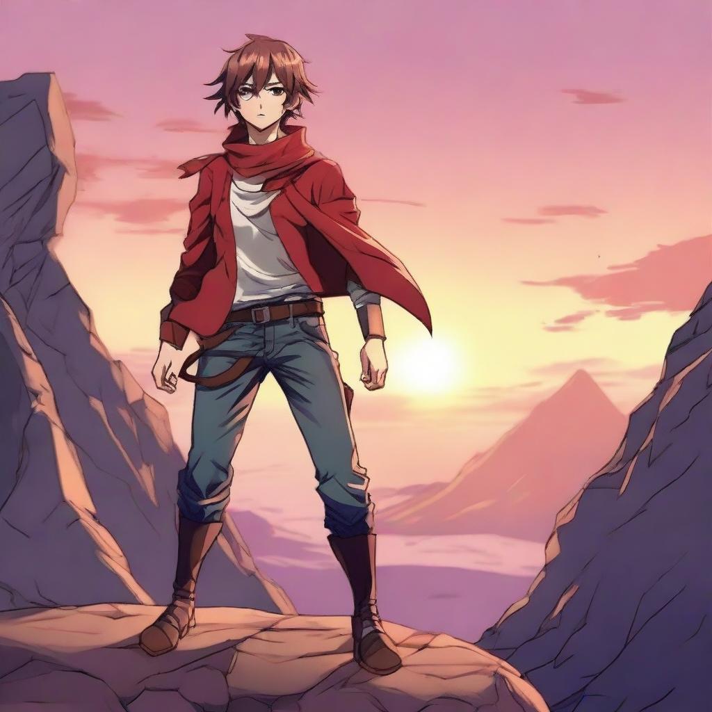 Create a vibrant and detailed anime-style image featuring a young hero standing on a cliff with a beautiful sunset in the background