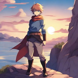 Create a vibrant and detailed anime-style image featuring a young hero standing on a cliff with a beautiful sunset in the background