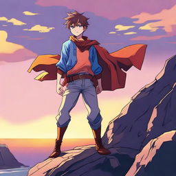 Create a vibrant and detailed anime-style image featuring a young hero standing on a cliff with a beautiful sunset in the background