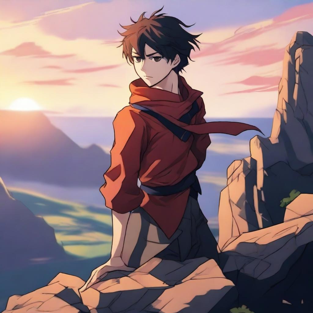 Create a vibrant and detailed anime-style image featuring a young hero standing on a cliff with a beautiful sunset in the background