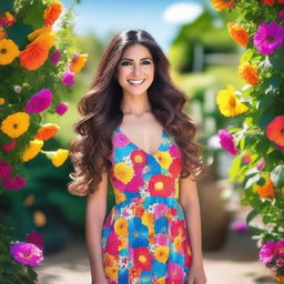 A beautiful Latina woman with long, flowing hair, wearing a vibrant dress