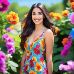 A beautiful Latina woman with long, flowing hair, wearing a vibrant dress