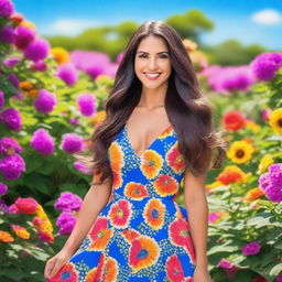 A beautiful Latina woman with long, flowing hair, wearing a vibrant dress