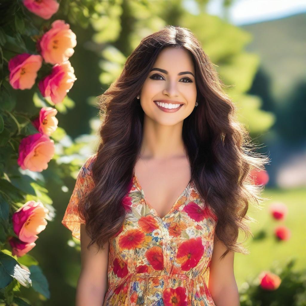 A beautiful Latina woman with long, flowing hair, wearing a stylish dress