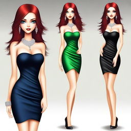 Create an attractive woman with long, flowing midnight blue or cherry red hair and alluring green or amethyst eyes