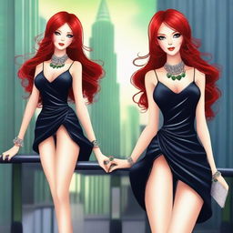 Create an attractive woman with long, flowing midnight blue or cherry red hair and alluring green or amethyst eyes