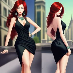 Create an attractive woman with long, flowing midnight blue or cherry red hair and alluring green or amethyst eyes