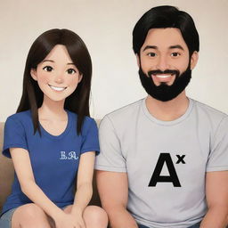 Cartoon anime depiction of a smiling brown-haired girl sitting next to her smiling husband with standard black hair and a black beard home. Both are wearing shirts with the letter 'A' prominently displayed on the front