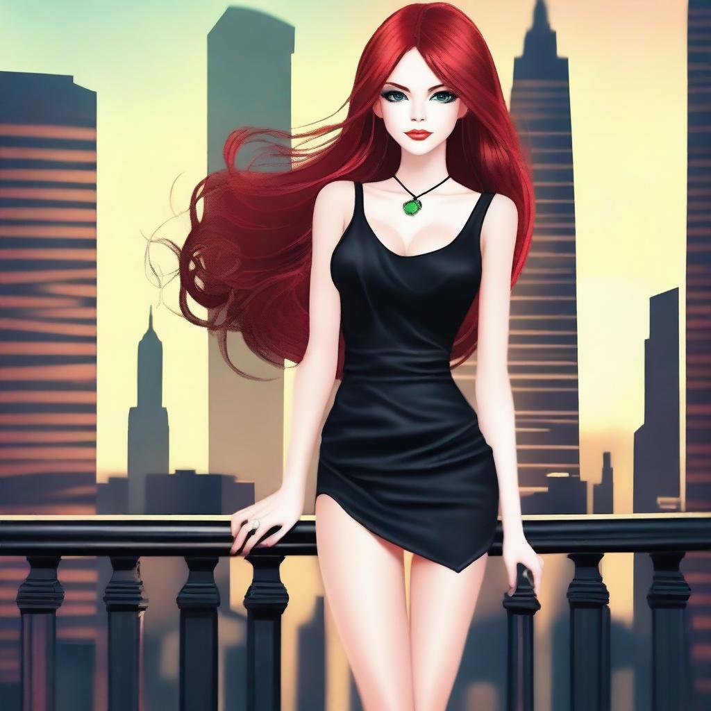 Create an attractive woman with long, flowing midnight blue or cherry red hair and alluring green or amethyst eyes