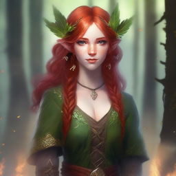 A young female wood elf with red hair, depicted as a wildfire druid