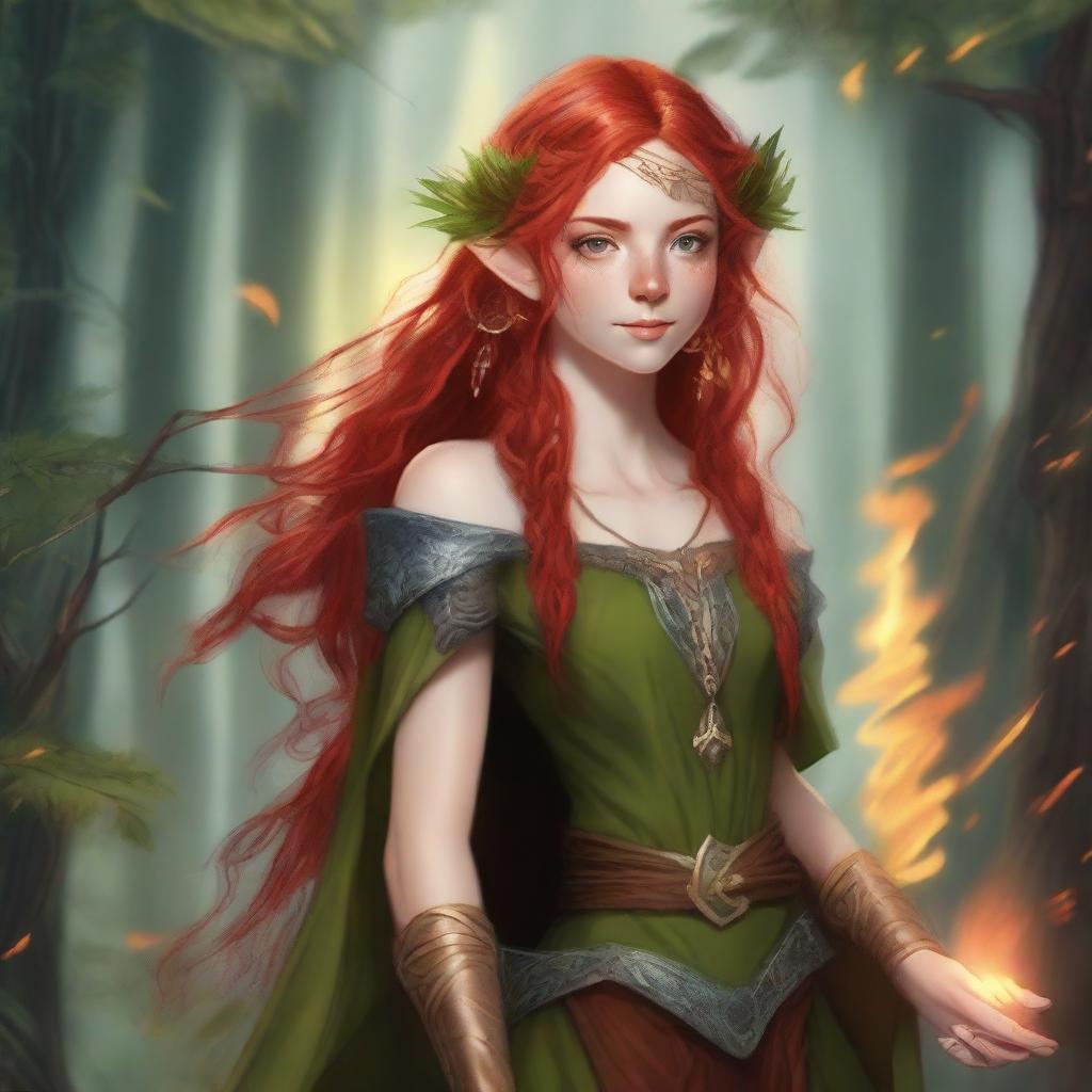 A young female wood elf with red hair, depicted as a wildfire druid