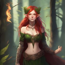 A young female wood elf with red hair, depicted as a wildfire druid