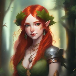 A young female wood elf with red hair, depicted as a wildfire druid