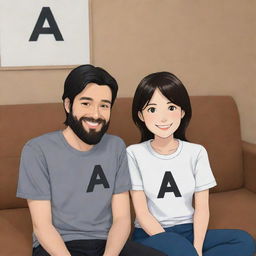 Cartoon anime depiction of a smiling brown-haired girl sitting next to her smiling husband with standard black hair and a black beard home. Both are wearing shirts with the letter 'A' prominently displayed on the front