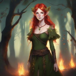 A full body image of a young adult female wood elf wildfire druid with red hair