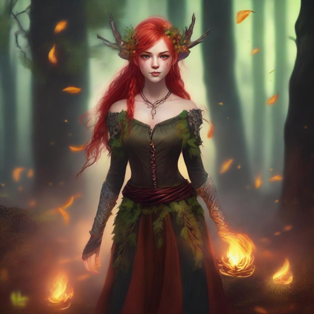 A full body image of a young adult female wood elf wildfire druid with red hair