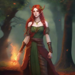 A full body image of a young adult female wood elf wildfire druid with red hair