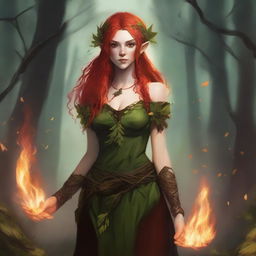 A full body image of a young adult female wood elf wildfire druid with red hair