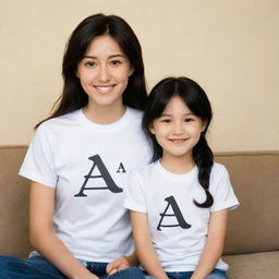 Cartoon anime depiction of a smiling brown-haired girl sitting next to her smiling husband with standard black hair and a black beard home. Both are wearing shirts with the letter 'A' prominently displayed on the front