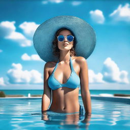 Crea una imagen de una mujer en un bikini elegante, con caderas anchas y pechos de talla 90, de pie junto a una piscina