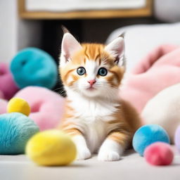 A cute and playful kitten with big, bright eyes and soft fur, sitting in a cozy and warm environment