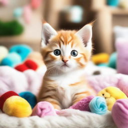 A cute and playful kitten with big, bright eyes and soft fur, sitting in a cozy and warm environment