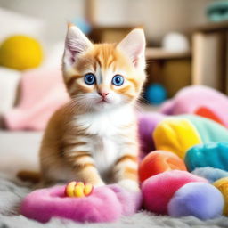 A cute and playful kitten with big, bright eyes and soft fur, sitting in a cozy and warm environment