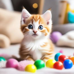 A cute and playful kitten with big, bright eyes and soft fur, sitting in a cozy and warm environment