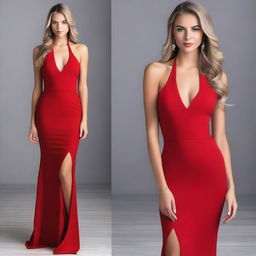 Una chica rubia con un vestido rojo y escote ajustado