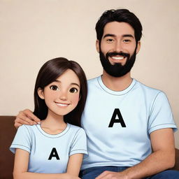 Cartoon anime depiction of a smiling brown-haired girl sitting next to her smiling husband with standard black hair and a black beard home. Both are wearing shirts with the letter 'A' prominently displayed on the front