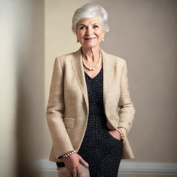 A stylish and attractively dressed older woman, around 60 years old, with a classy appearance and a full body shot