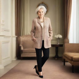 A stylish and attractively dressed older woman, around 60 years old, with a classy appearance and a full body shot