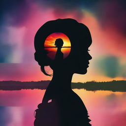 A surreal image featuring a mirror with a woman looking out of it, placed on the head of a silhouette of a person