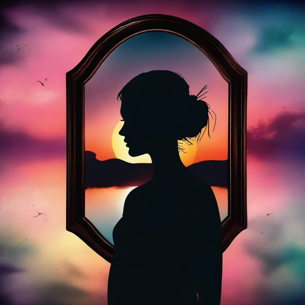 A surreal image featuring a mirror with a woman looking out of it, placed on the head of a silhouette of a person