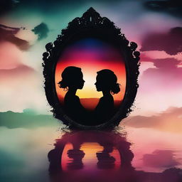 A surreal image featuring a mirror with a woman looking out of it, placed on the head of a silhouette of a person