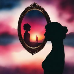 A surreal image featuring a mirror with a woman looking out of it, placed on the head of a silhouette of a person