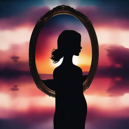 A surreal image featuring a mirror with a woman looking out of it, placed on the head of a silhouette of a person