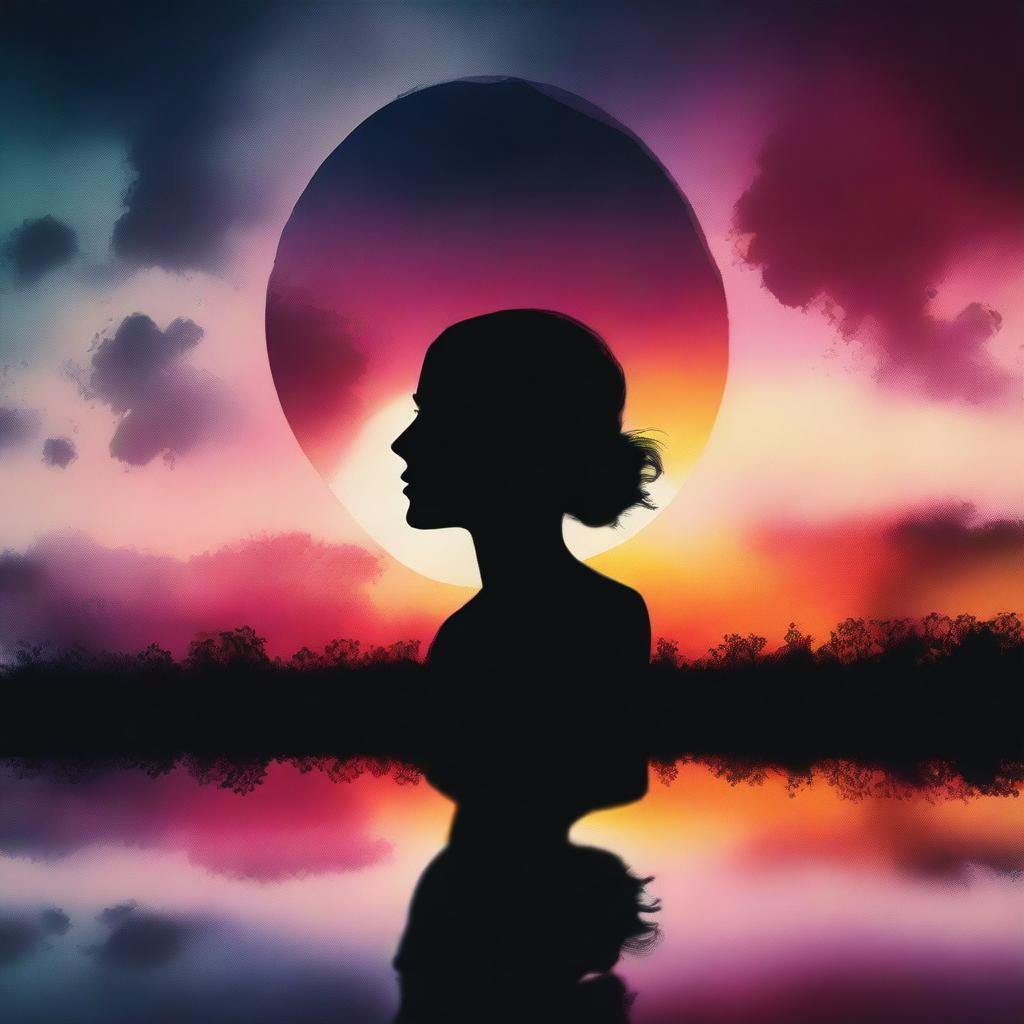 A surreal image featuring a mirror with a woman looking out of it, placed on the head of a silhouette of a person