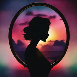 A surreal image featuring a mirror with a woman looking out of it, placed on the head of a silhouette of a person