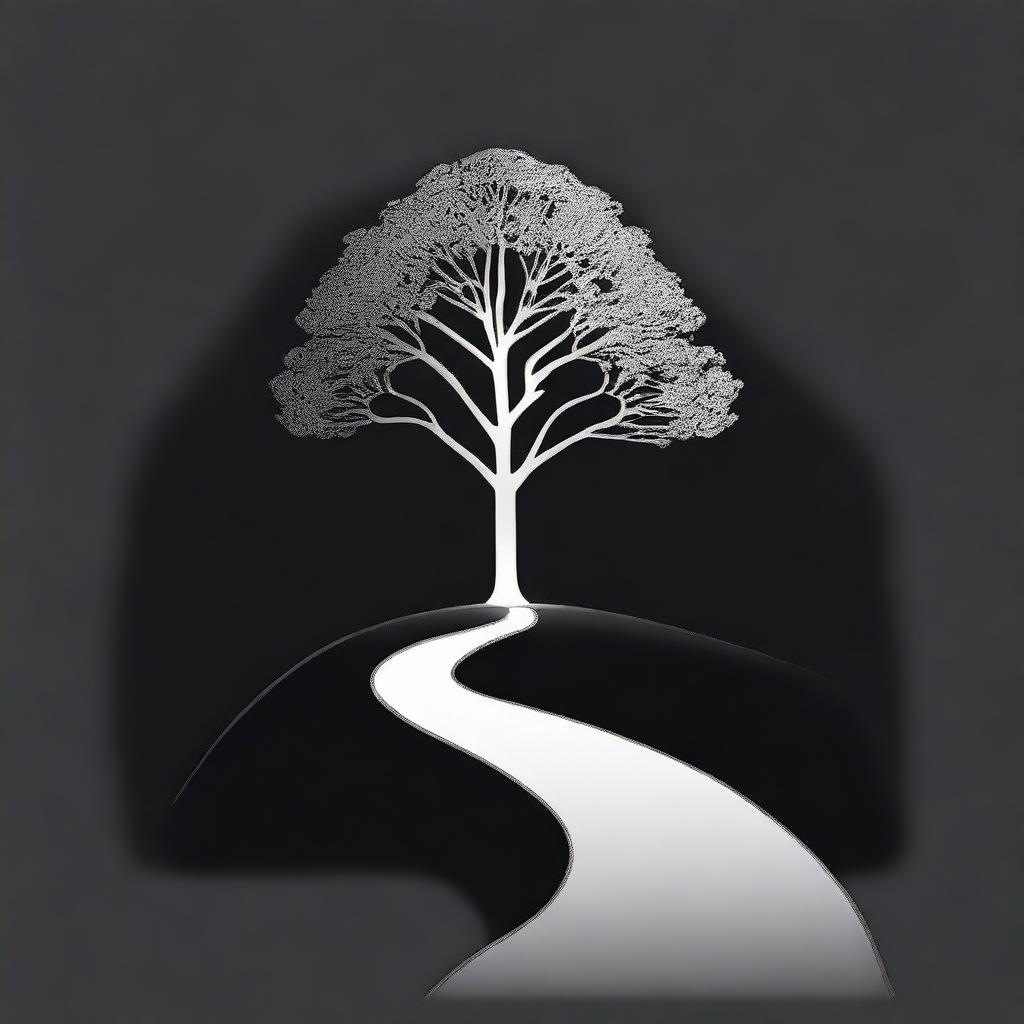 A simple, silver foil outline of a path leading to a tree, symbolizing growth and progress