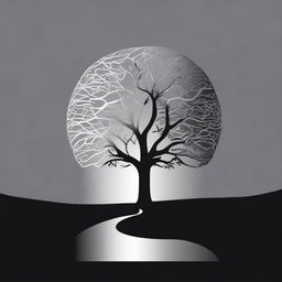 A simple, silver foil outline of a path leading to a tree, symbolizing growth and progress