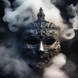 A detailed image of a mask surrounded by swirling smoke