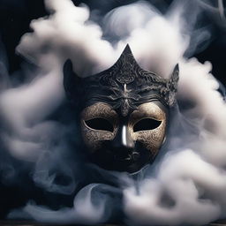 A detailed image of a mask surrounded by swirling smoke