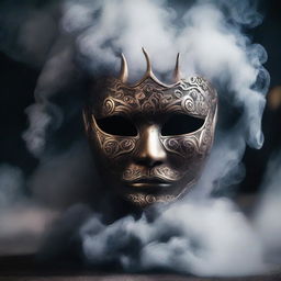 A detailed image of a mask surrounded by swirling smoke