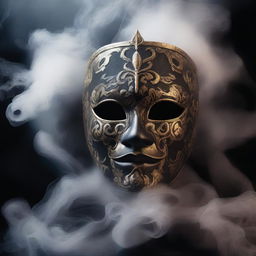 A detailed image of a mask surrounded by swirling smoke